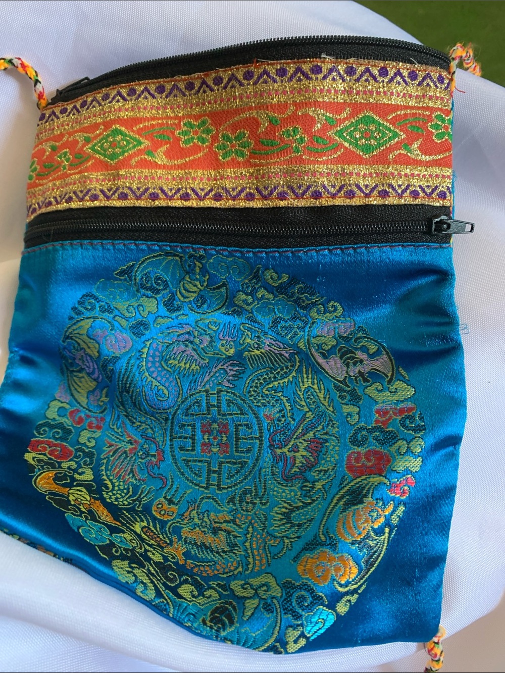 Mandala 3-pocket silky pouch purse bag crossover long strap blue orange green